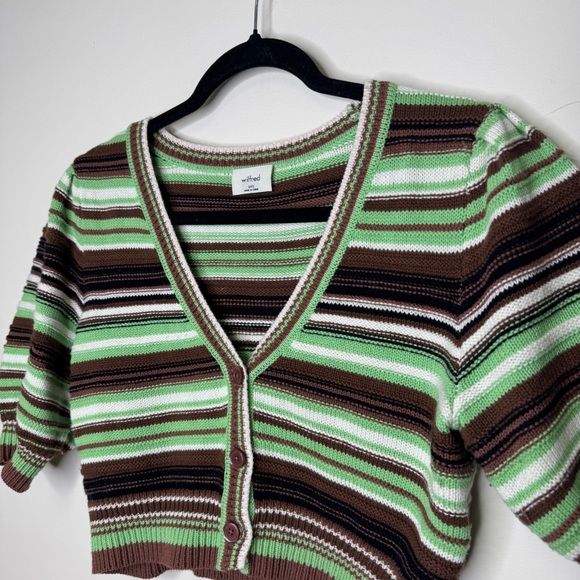 Aritzia Wilfred Canterbury Puff Sleeve Striped V-Neck Cropped Cardigan Size 2XS - Picture 3 of 11